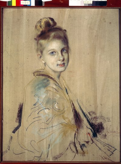 Nuori tyttö tuulettimen kanssa (Girl With A Fan). Franz von Lenbachin (1836-1904) teos, pastelli pahville, noin 1880. 1800-luvun saksalaista taidetta. Valtion Eremitaaši, Pietari. tekijältä Franz Seraph von Lenbach
