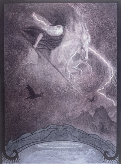 Odin, kuvitus Richard Wagnerin (1813-83) teokseen "Niebelungien sormus", n. 1914 (värilitho) tekijältä Franz Stassen