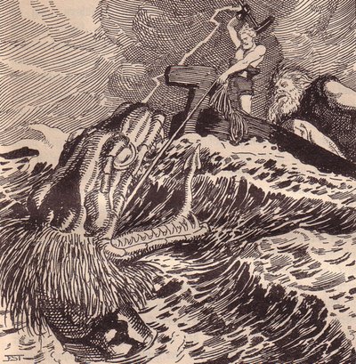 Thor ja Hymir kalastus. Hans von Wolzogenin kuvitus The Edda: germaaniset jumalat ja sankarit tekijältä Franz Stassen