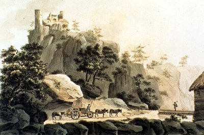 Näkymä Ribeauville Roadille ja Grand Ribeauvillen linnalle (värikaiverrus) tekijältä Franz Walter