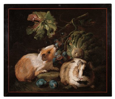 Roomalainen mikromosaiikkipaneeli, jossa on kaksi marsua syömässä kaalia ja viinirypäleitä, 1800-25 tekijältä Franz Werner von Tamm