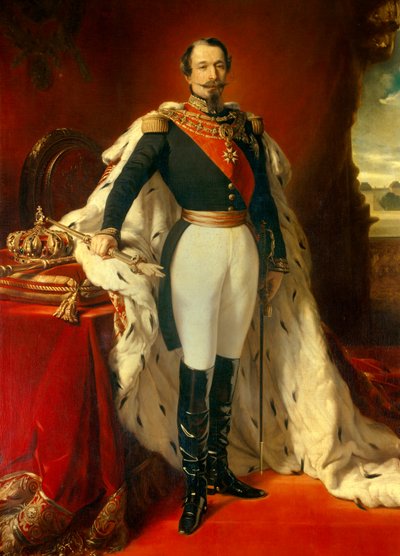 Napoleon III:n (1808-1873), Ranskan keisarin, muotokuva Chateau de Saint Cloud -näkymän edessä. Franz Xaver Winterhalterin (1806-1873) maalaus 1855 su. 2,4x1,5 m tekijältä Franz Xaver  Winterhalter (after)