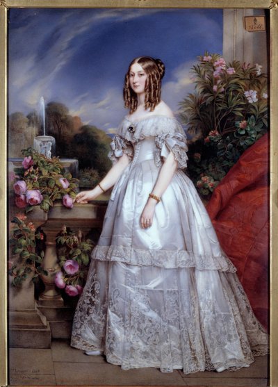 Nemoursin herttuattaren muotokuva Saxe-Coburg-Gothan voiton muotokuva (1822-1857) Nemoursin herttuan vaimo. M. P. Julien Laurentin (1805-1860) maalaus Franz Xavier Winterhalterin mukaan. 1846. Paris, Decorative Arts - Täyspitkä muotokuva Du tekijältä Franz Xaver  Winterhalter (after)