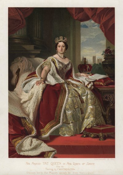 Kuningatar Victoria valtionvaatteissaan (väri litho) tekijältä Franz Xaver  Winterhalter (after)