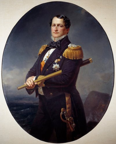 Amiraalin muotokuva Merivoimien amiraali, jolla on pitkä näkymä, takana merimaisema. Xaver Winterhalterin (1806-1873) maalaus 1800-luvun Brest, Kuvataidemuseo tekijältä Franz Xaver Winterhalter