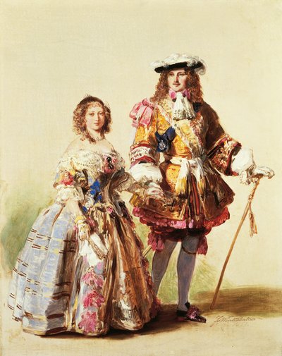 Kuningatar Victoria ja prinssi Albert yllään Restauraatio-ajan vaatteita juhlaansa vuonna 1851, Franz Xaver Winterhalterin (1805-1873) maalaus tekijältä Franz Xaver Winterhalter