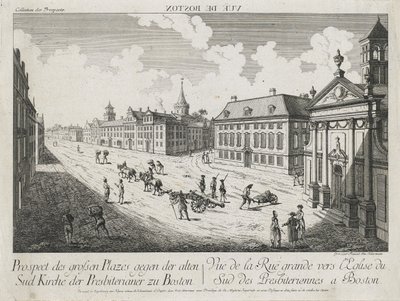 Vue d’Optique/Prospect des grossen Plazes gegen der Alten Sud Kirche der Presbiterianer zu Boston (optinen näkymä/näkymä suurille aukioille kohti Bostonin vanhaa eteläpresbyterian kirkkoa), n. 1776 (etsaus ja kaiverrus, värittämätön paperille) tekijältä Franz Xavier Habermann