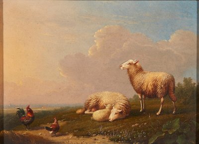Lampaat ja kanat niityllä (öljy paneelille) tekijältä Franz van Severdonck