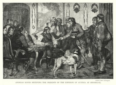 Andreas Hofer vastaanottamassa Itävallan keisarin lahjat Innsbruckissa (kaiverrus) tekijältä Franz von (after) Defregger