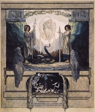 Kuvitus Danten jumalallisesta komediasta, Kiirastule, Canto VIII: 24, 1921 (wc paperilla) tekijältä Franz von Bayros