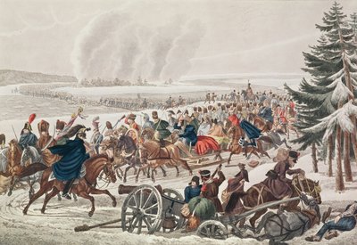Ranskan armeijan vetäytyminen Berezina-joen yli, 26. marraskuuta 1812, kaiverrus J.A. Klein tekijältä Franz von Habermann
