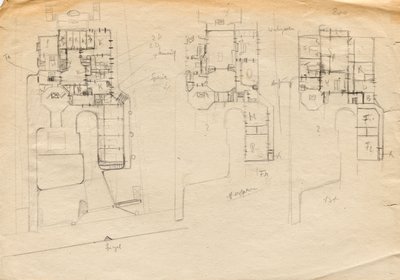 Suunnitteluluonnokset Matcha Atelier Villaan - pohjapiirros kolmesta kerroksesta tekijältä Franz von Matsch