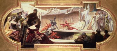 Luonnos kattomaalaukseen, jossa on kohtaus Teatterin historiaa käsittelevästä sarjasta tekijältä Franz von Matsch