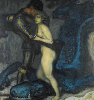 ""Le tueur de dragons"" (Lohikäärmeentappaja) Franz Ritter von Stuckin (1863-1928) maalaus 1913 Yksityinen kokoelma tekijältä Franz von Stuck