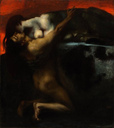 Sfinksin suudelma - Franz Ritter von Stuckin kuva (1863-1928) - 1895 - Öljy kankaalle - 160x144,8 - Szepmuveszeti-museo, Budapest tekijältä Franz von Stuck