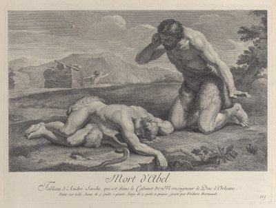 Adam polvistuu surussa Abelin ruumiin viereen, kun taas Kain pakenee taustalla, n. ..., n. 1729. tekijältä Frédéric Horthemels