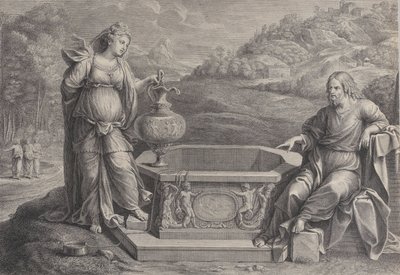 Kristus, istuu oikealla, ja samarialainen nainen, joka seisoo vasemmalla, n. 1729. tekijältä Frédéric Horthemels