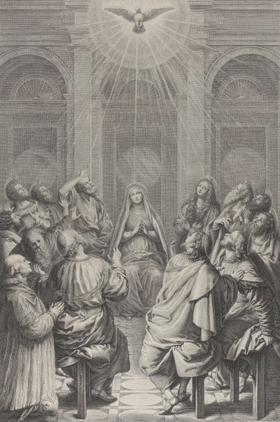 Helluntai, jossa apostolit ja Neitsyt istuvat ympyrässä, Pyhä Henki ap..., 1729-40. tekijältä Frédéric Horthemels