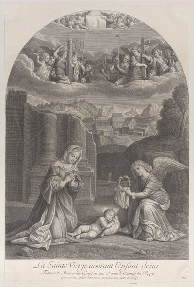 Neitsyt Maria palvoo Kristus-lapsia, enkeli pitelee orjantappurakruunua oikealla,..., n. 1729. tekijältä Frédéric Horthemels