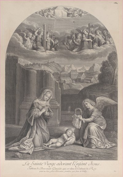 Neitsyt Maria palvoo Kristus-lapsia, enkeli pitelee orjantappurakruunua oikealla,..., n. 1729. tekijältä Frédéric Horthemels
