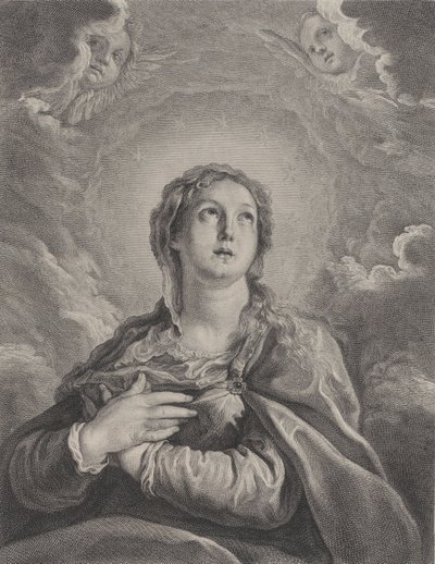 Neitsyt, kädet ristissä rintakehällä, katsoo ylöspäin, 1729-40. tekijältä Frédéric Horthemels