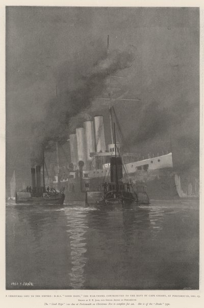 Joululahja valtakunnalle, HMS Good Hope, sota-alus, jonka Cape Colony antoi laivastolle Portsmouthissa 25. joulukuuta tekijältä Fred T. Jane