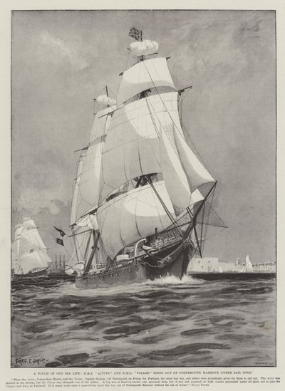 Ripaus vanhaa merielämää, HMS Active ja HMS Volage lähtevät Portsmouthin satamasta vain purjeiden alla. tekijältä Fred T. Jane