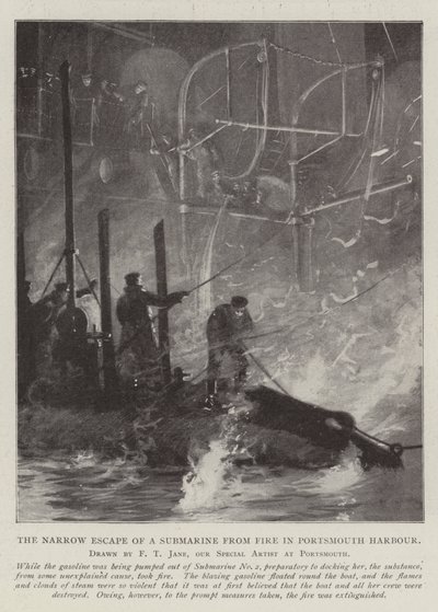 Sukellusveneen niukka pako tulipalolta Portsmouthin satamassa tekijältä Fred T. Jane