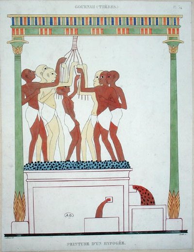 Puristava viinirypäle, kopio seinämaalauksesta Thebasta, kaiverrus Smith (väri litho) tekijältä Frederic (after) Cailliaud