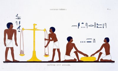 Kuoleman rituaalit (aihe epäselvä), harvinaisesta Theban freskoista, jotka Frederic Cailliaud (1787-1869) on tallentanut toisella Egyptin-vierailullaan vuosina 1819-1822 (värilitho) tekijältä Frederic (after) Cailliaud