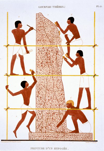 Kivenmuurarit tekivät valtavan faraon patsaan Theban harvinaisista freskoista, jotka on tallennettu 1819-1822 toisella vierailullaan Egyptiin tekijältä Frederic (after) Cailliaud