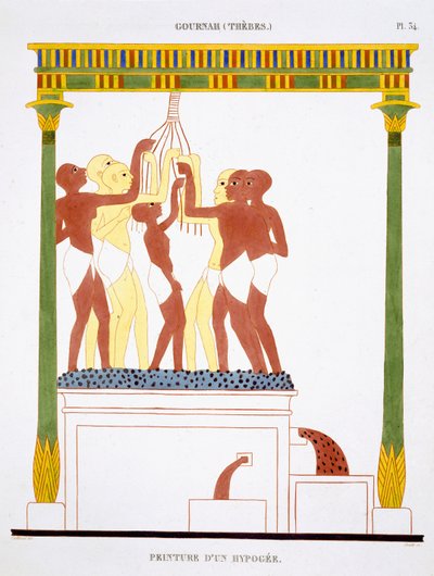 Treading Grapes, harvinaisista Theban freskoista, nauhoitti Frederic Cailliaud (1787-1869) toisella Egyptin vierailullaan 1819-1822, väri litho tekijältä Frederic (after) Cailliaud