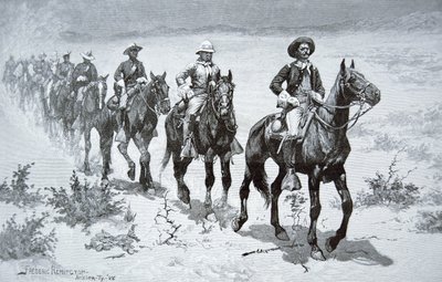 Yhdysvaltain "Buffalo Soldiers" marssimassa autiomaassa, vuoden 1888 piirroksesta (kaiverrus) tekijältä Frederic (after) Remington