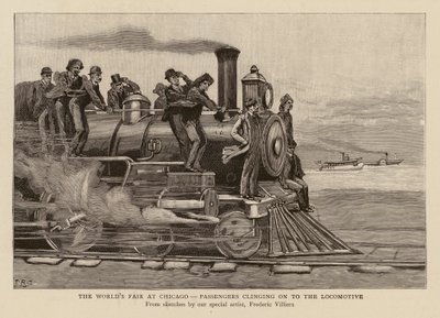 Matkustajat takertuvat veturiin maailmannäyttelyssä Chicagossa (kaiverrus). tekijältä Frederic (after) Villiers