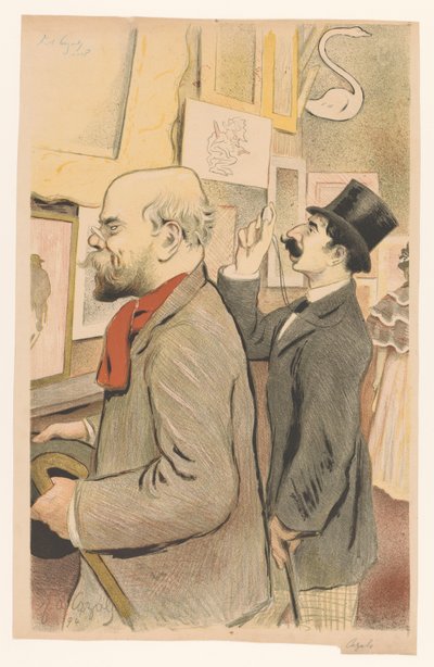 Verlaine ja tuntematon mies katsomassa tulosteita tekijältä Frederic Auguste Cazals