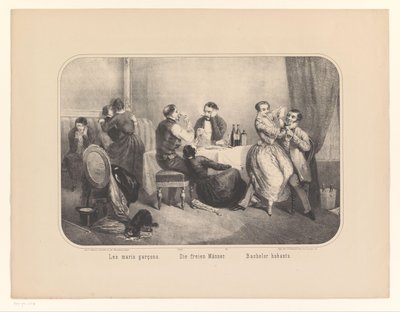 Ryhmä miehiä ja naisia ​​sisätiloissa Les maris garçons / Die freien Männer / Bachelor hubants (otsikko esineessä) tekijältä Frederic Charles Wentzel (possibly)
