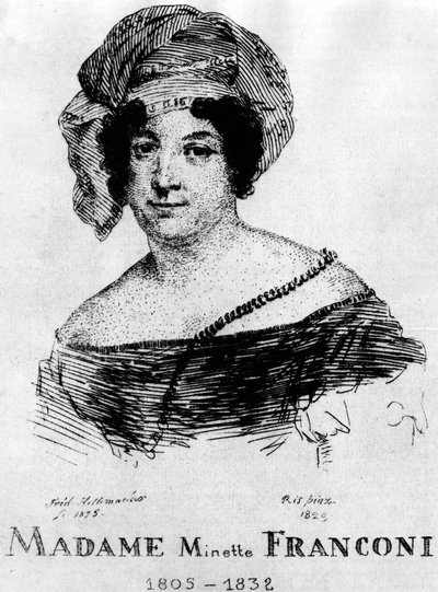 Sirkus: Frédéric Hillemacherin Eau forte, muotokuva rouvasta. Minette Franconi (1805-1832) - elokuvassa "The Franconi Circus". tekijältä Frederic Desire Hillemacher
