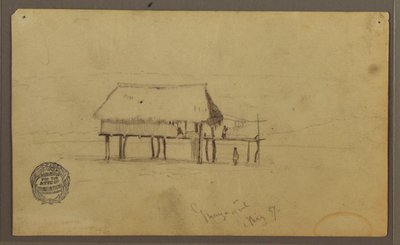Piirros, Hytti tolppien päällä, Guayaquil, Ecuador, toukokuu 1857. tekijältä Frederic Edwin Church