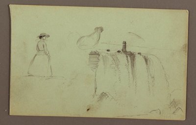 Piirros, Kävelevä tyttö, kyykistelevä kana ja Amerikan putoukset Niagara-joella, mahdollisesti 1856. tekijältä Frederic Edwin Church