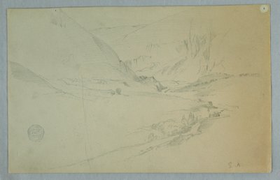 Piirros, Andien vuoristolaakso ja kiemurteleva puro, Kolumbia tai Ecuador, 1857 tekijältä Frederic Edwin Church