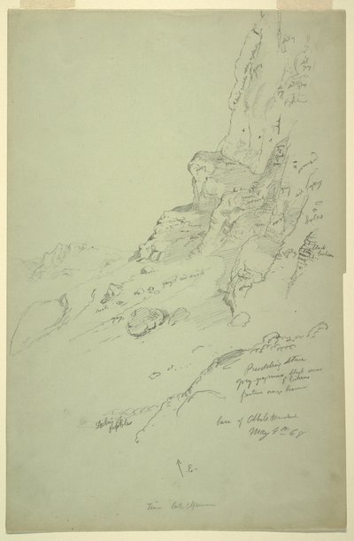 Piirros, Suk Wadin länsipuolella olevan kukkulan pohja, Barada, 4. toukokuuta 1868. tekijältä Frederic Edwin Church