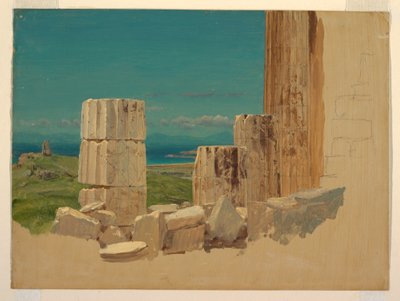 Piirros, Rikkinäiset pylväät, näkymä Parthenonilta, Ateena, huhtikuu 1869. tekijältä Frederic Edwin Church