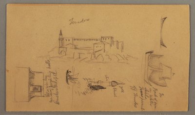 Piirros, linna, minareetti, purjeveneet, talo, toukokuu 1868 tekijältä Frederic Edwin Church