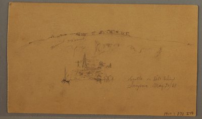 Piirros, linna, minareetti, purjeveneet, talo, toukokuu 1868 tekijältä Frederic Edwin Church