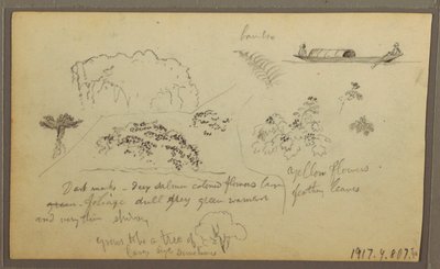 Piirros, kirkko, tornit; Kääntöpuoli: Hahmot kanootissa, kasvitieteellisiä luonnoksia, 1857. tekijältä Frederic Edwin Church