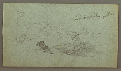Piirros, Pilvet kukkuloiden yllä, matala aurinko, mahdollisesti 1874 tekijältä Frederic Edwin Church