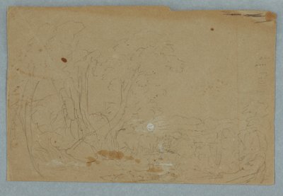 Piirros, Pilvinen taivas mäkisessä maisemassa; Kääntöpuoli: Täysikuu heijastuu puroon, 1845-50. tekijältä Frederic Edwin Church
