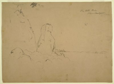 Piirros, rannikko ja "The Old Friar Neaer Eastport", n. 1851. tekijältä Frederic Edwin Church