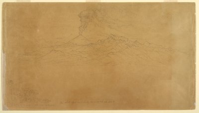 Piirros, Cotapaxi-tulivuori purkautuu vuorijonojen takana, Ecuador, 1857. tekijältä Frederic Edwin Church