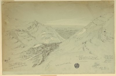 Piirros, Kaukaisnäkymä Damaskoksesta, Syyria, 2. toukokuuta 1868. tekijältä Frederic Edwin Church